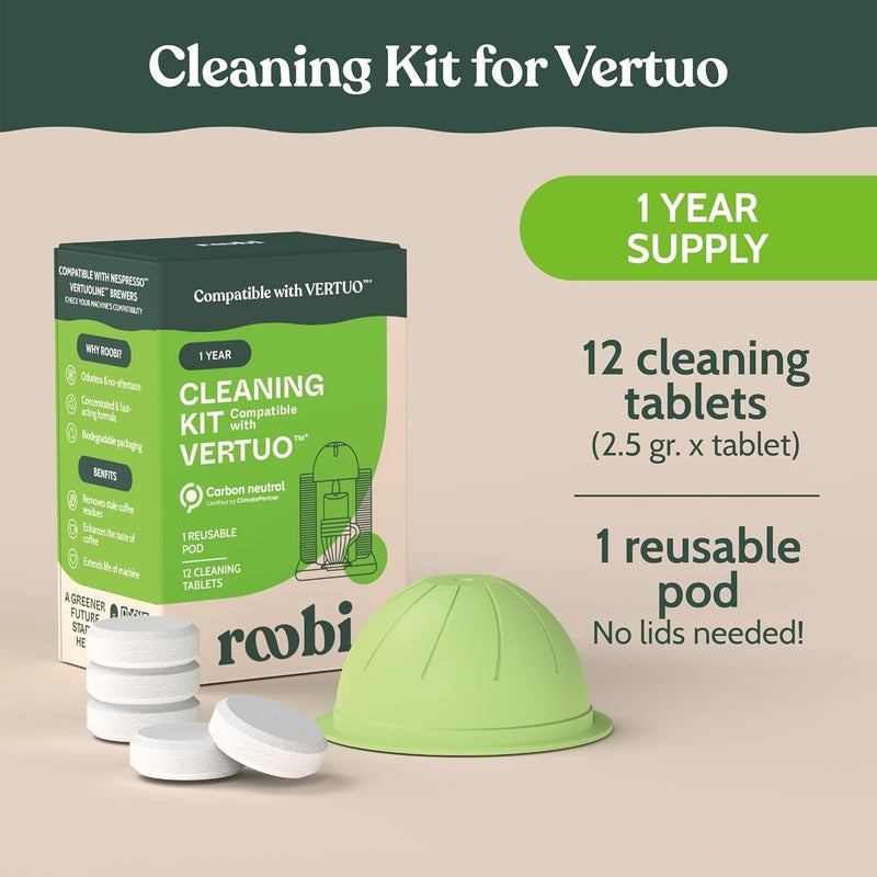 Roobi Cleaning Kit Compatible with Nespresso Vertuoline. Includes 1 Reusable Pod & 12 Cleaning Tablets. Carbon Neutral Vertuoline Cleaner Kit. 1 Year Supply. - Image 2
